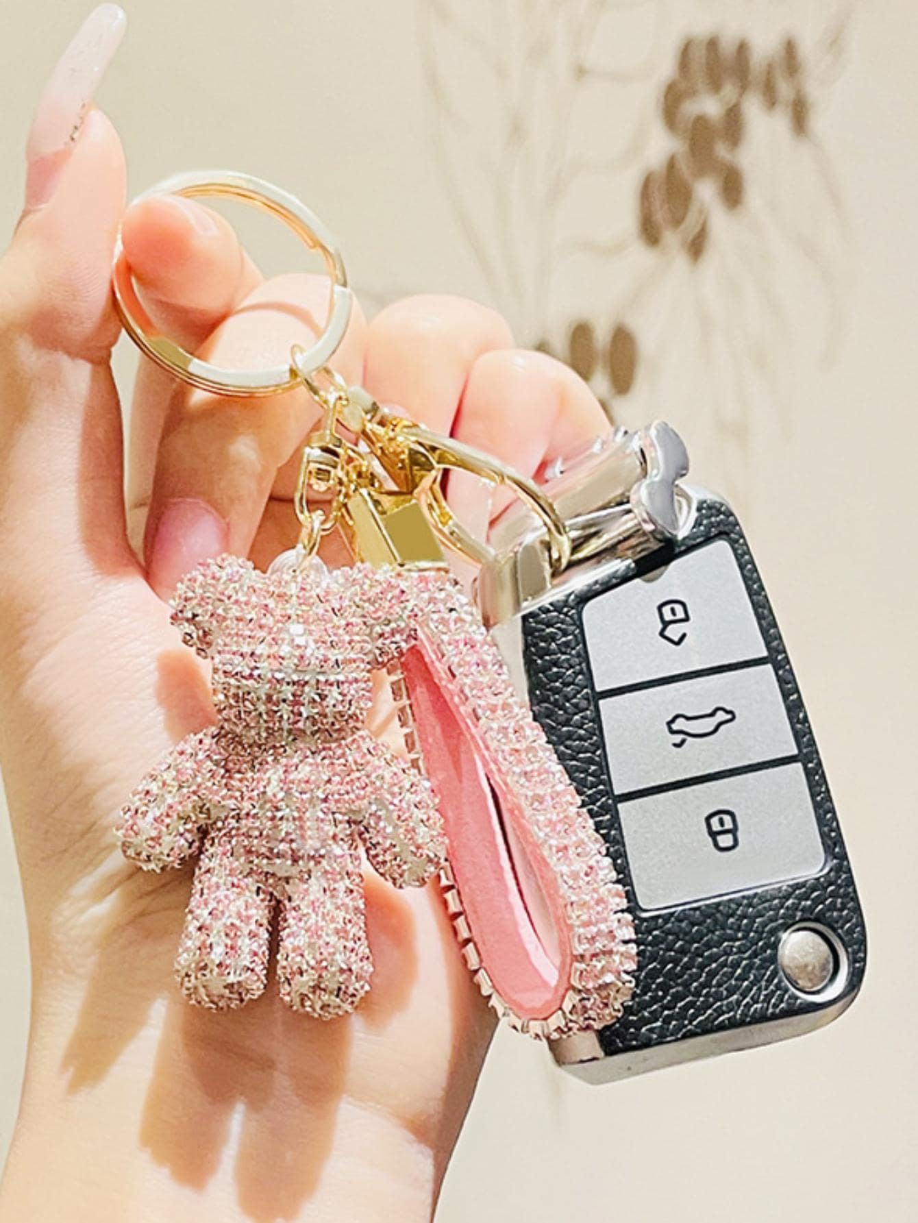 Porte clé ours strass rose