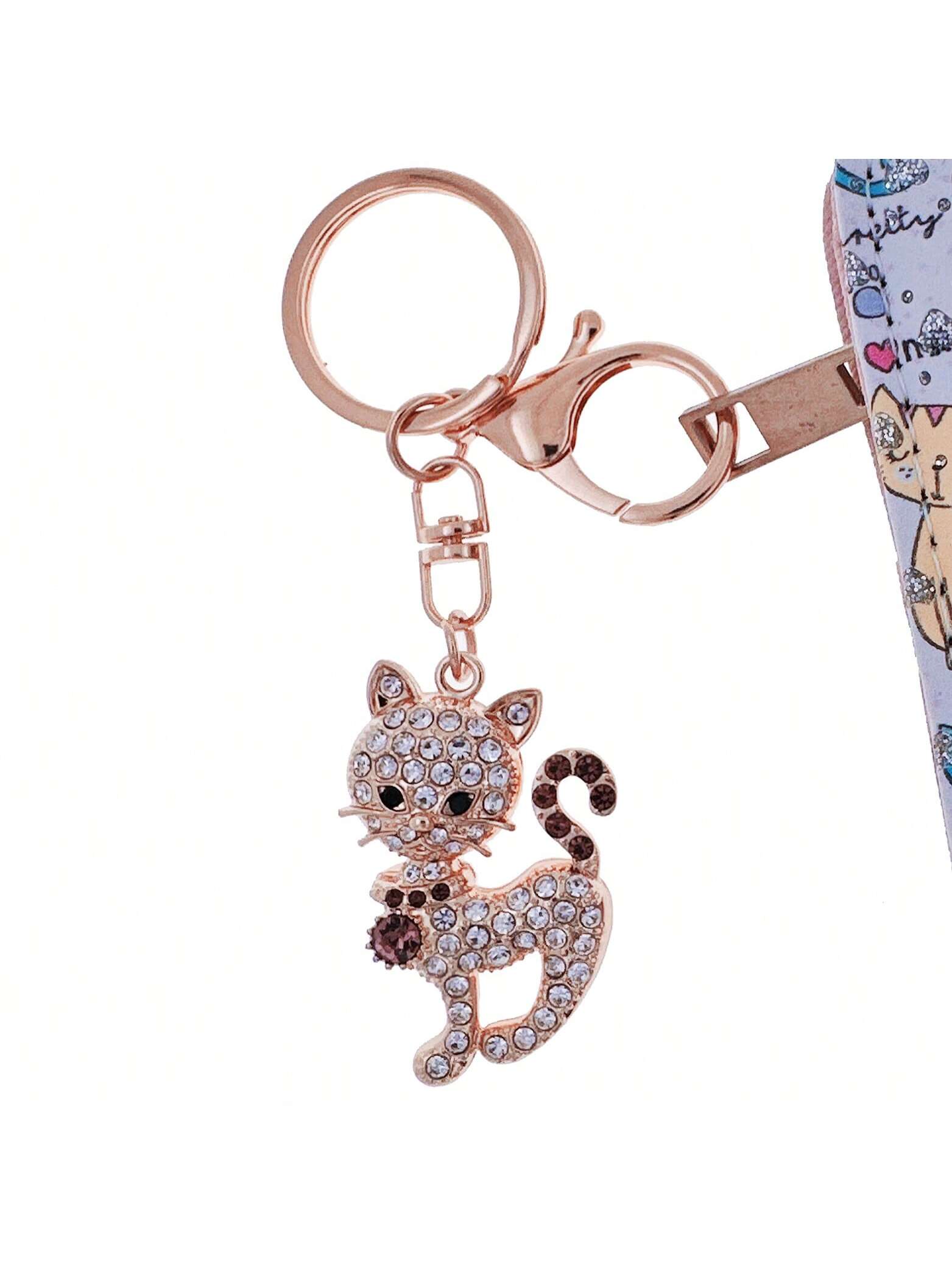 Porte clé chat strass dore zoom