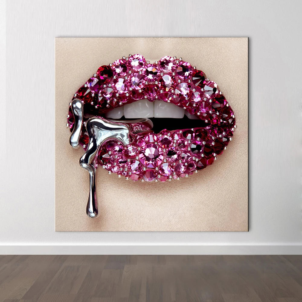 Tableau paillette et strass levres rose